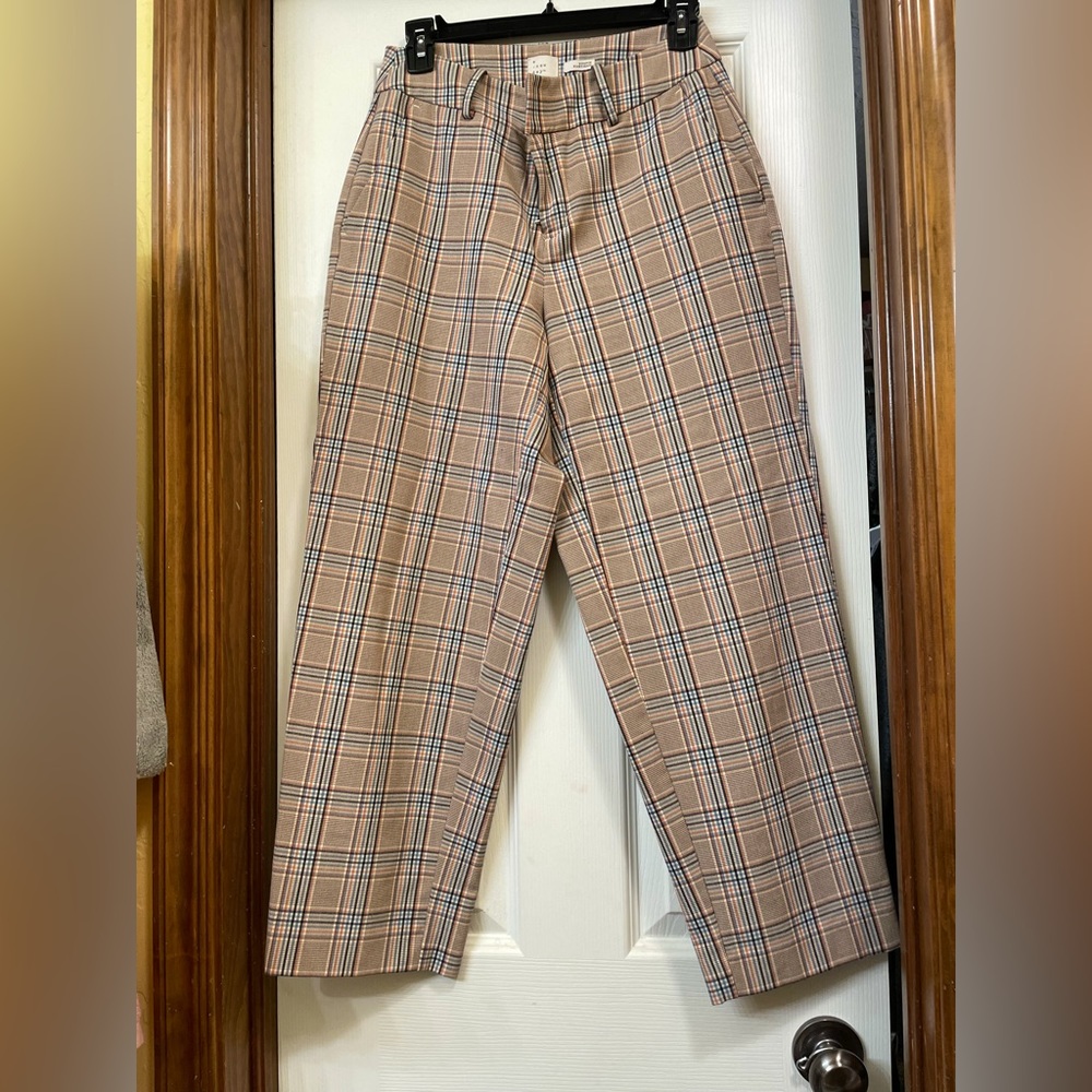 Tan and blue ankle wide leg slacks